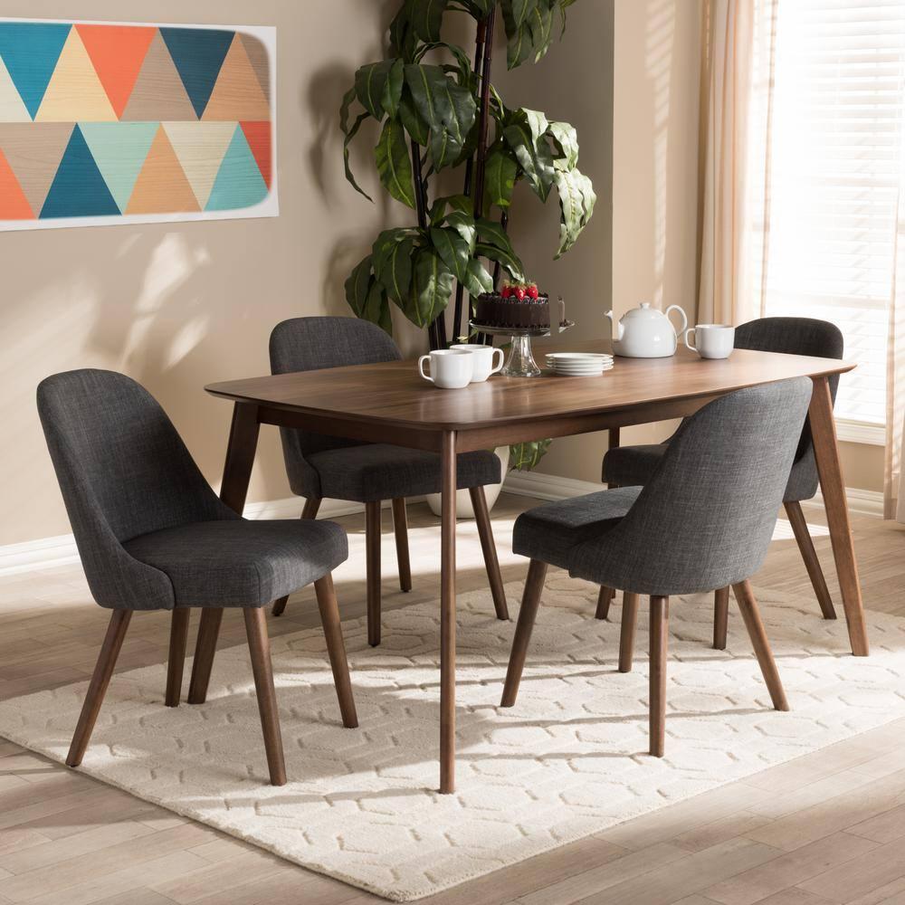 Baxton Studio Cody Mid-Century Modern Fabric Upholstered Walnut Finished Wood 5-Piece Dining Set, Multiple Colors