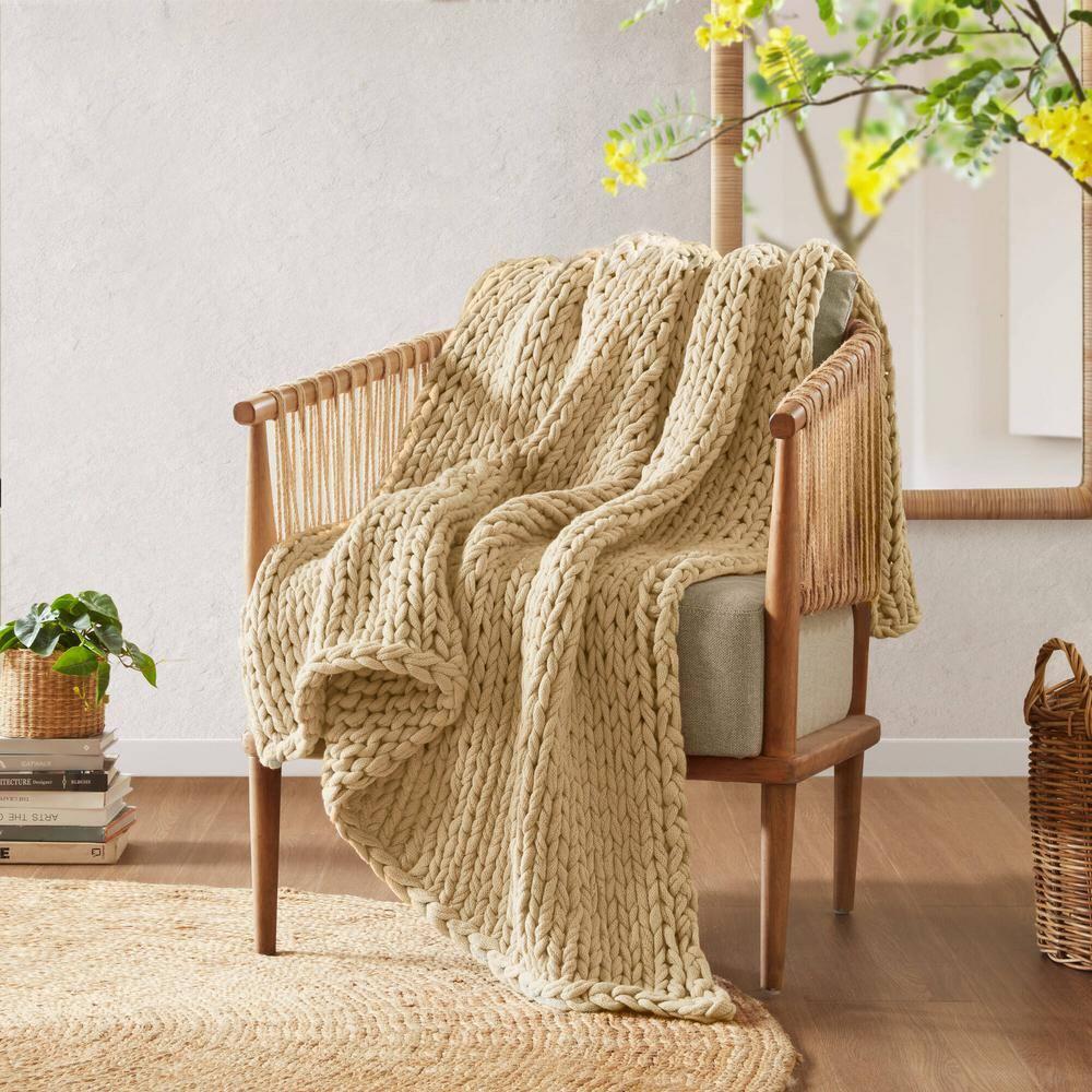 50"x60" Chunky Double Knit Handmade Throw Blanket Tan - Madison Park