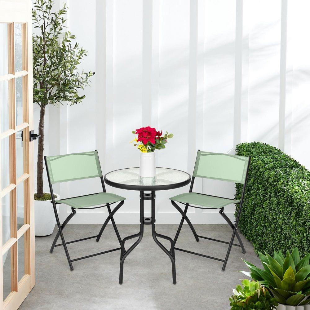 George Oliver 3-Piece Patio Bistro Dining Furniture Set W/ Glass Tabletop, Folding Chairs