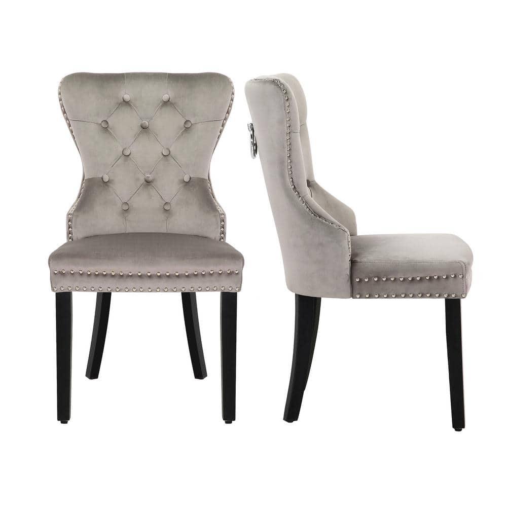 Polytrends Grandview Tufted Upholstered Dining Chair (Set of 2) with Nailhead Trim and Ring Pull Wingback Chairs Grey Velvet