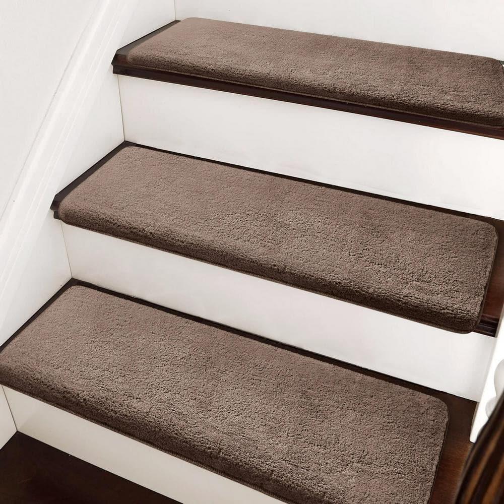 Soft Plush Brown 9.5 in. x 30 in. x 1.2 in. Bullnose Indoor Stair Tread Cover Tape Free Non-slip Carpet Set of 14