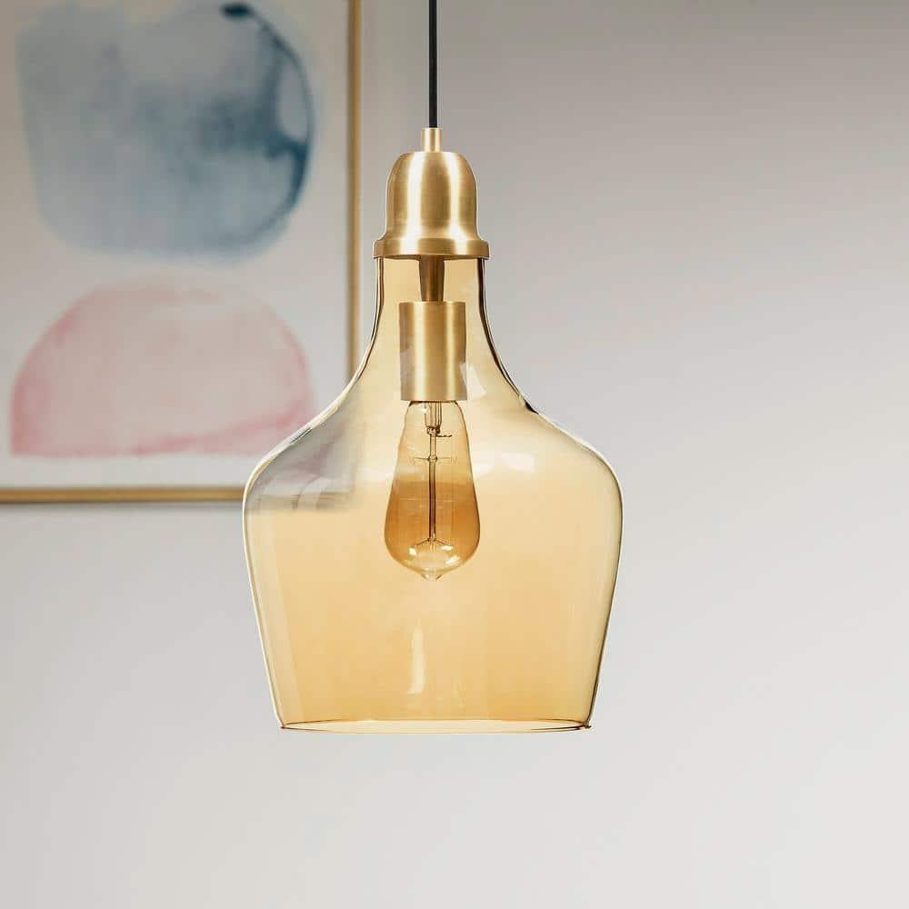 Hampton Hill Auburn Pendant Kitchen Lighting for Dining Room, Industrial Kitchen Lights, Hand-Blown Glass Bell Shaped Pendant Light for Kitchen Island, Foyer, Bedroom, 9" Dia x 95.5" H, Gold/Amber