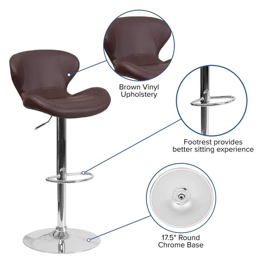 Flash Furniture Contemporary Brown Vinyl Adjustable Height Barstool with Curved Back and Chrome Base