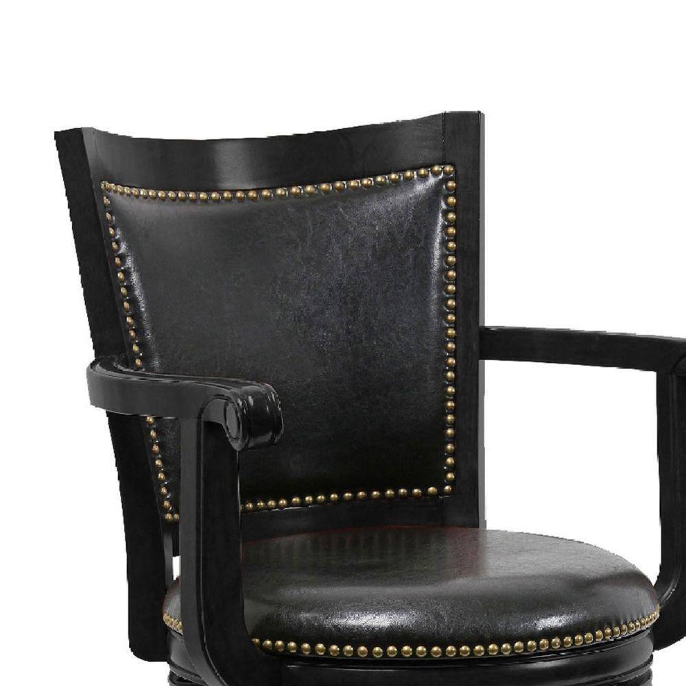 Benjara Hugo 29 Inch 360-Degree Swivel Barstool, Wood, Open Rolled Arms, Black