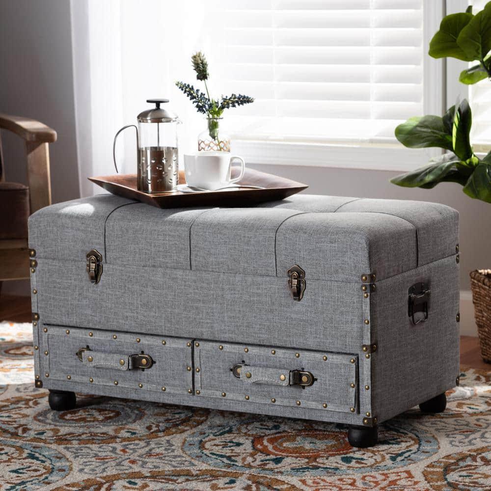 Flynn Fabric Upholstered 2 Drawer Storage Trunk Ottoman Gray/Black - Baxton Studio