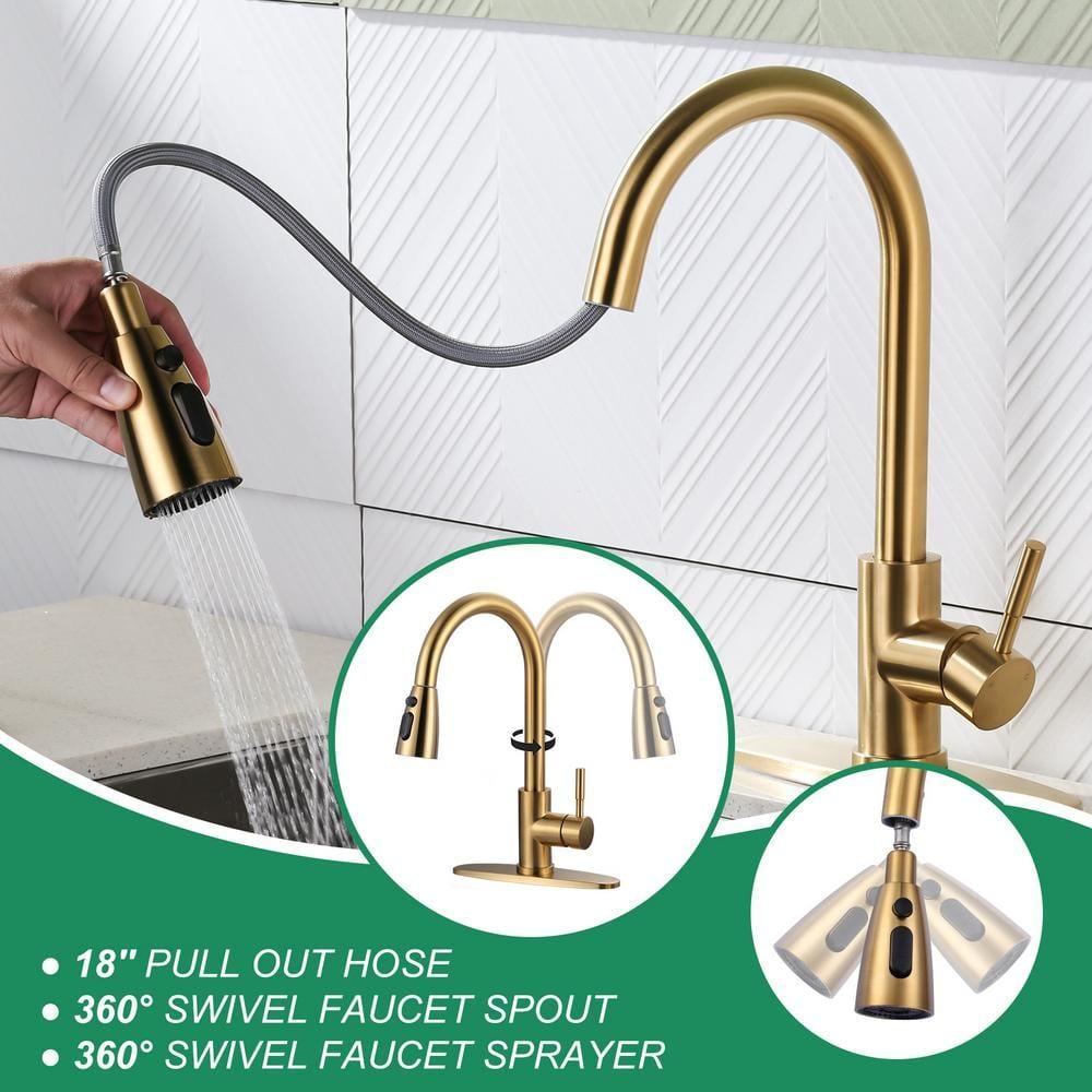 ARCORA Single Handle Stainless Steel Pull-Down Kitchen Faucet with Deckplate and Glass Rinser Combo