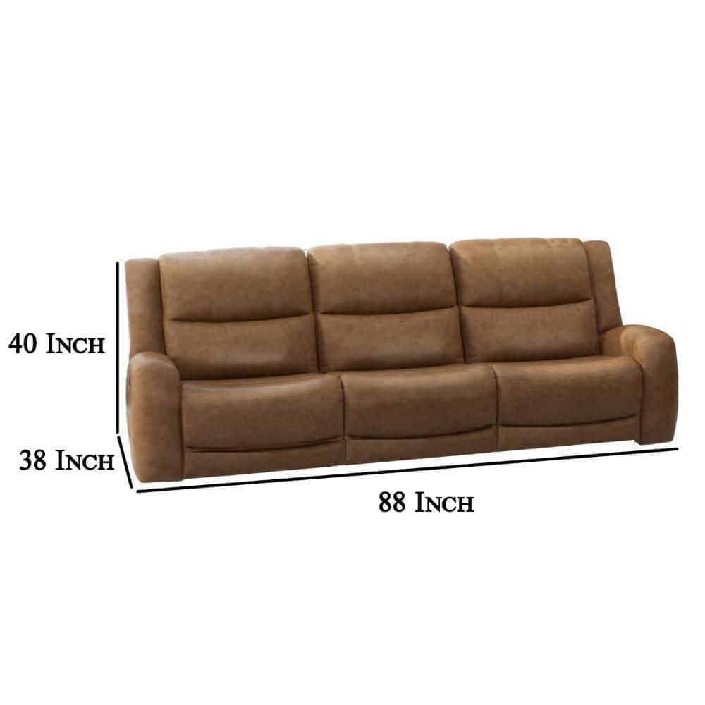 Benjara Leos Sofa, Manual Reclining, Contour Armrest, 88 Inch, Wood, Brown Leather