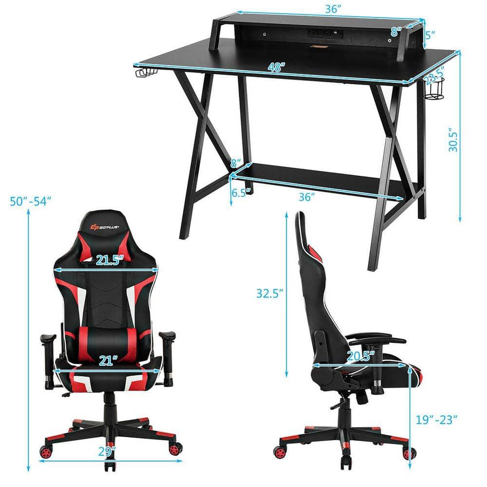 Goplus Gaming Computer Desk&Massage Gaming Chair Set w/Monitor Shelf Power Strip Red