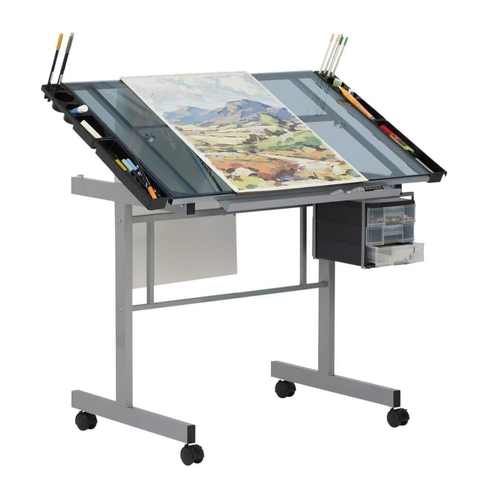 Inbox Zero Craddock Adjustable Glass Top Metal Base Drafting Table