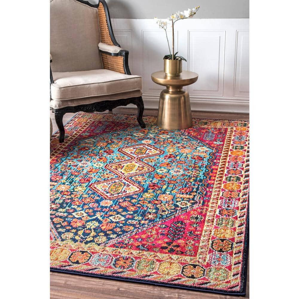nuLOOM 4'x6' Vintage Erline Area Rug Blue/Red: Medallion Pattern, Low Pile, Polypropylene, Living Room Decor