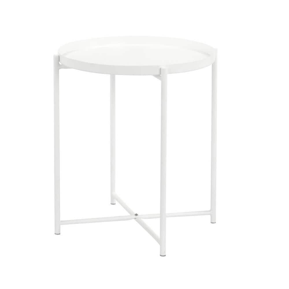 Benjara Ely 21 Inch Side End Table, White Round Tray Top, Modern Open Metal Frame