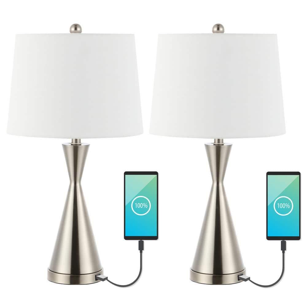 JONATHAN Y JYL4046A-SET2 Colton 26" Classic French Country Iron LED Table Lamp with USB Charging Port, for living room, dinning room, bedroom, office Bulb Included, Nickel (Set of 2)
