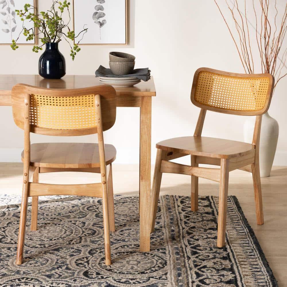 Baxton Studio 2pc Tadeo Wood and Rattan Dining Chair Set Oak Brown/Light Brown: Rubberwood Frame, Spot Clean