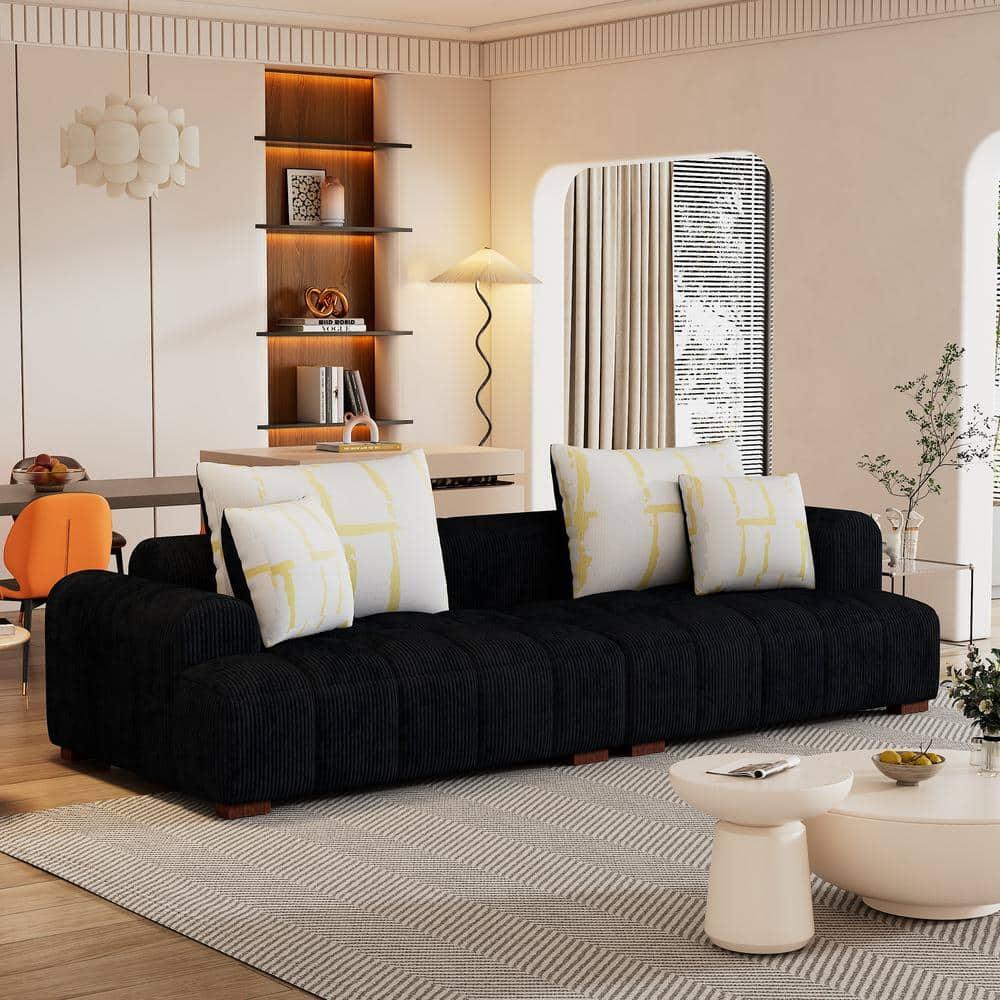 103.9" Modern Couch, Corduroy Fabric Comfy Deep Seat Sofa with Rubber Wood Legs, 4 Tossing Pillows for Living Room, Bedroom, Apartment, Dorm, Black