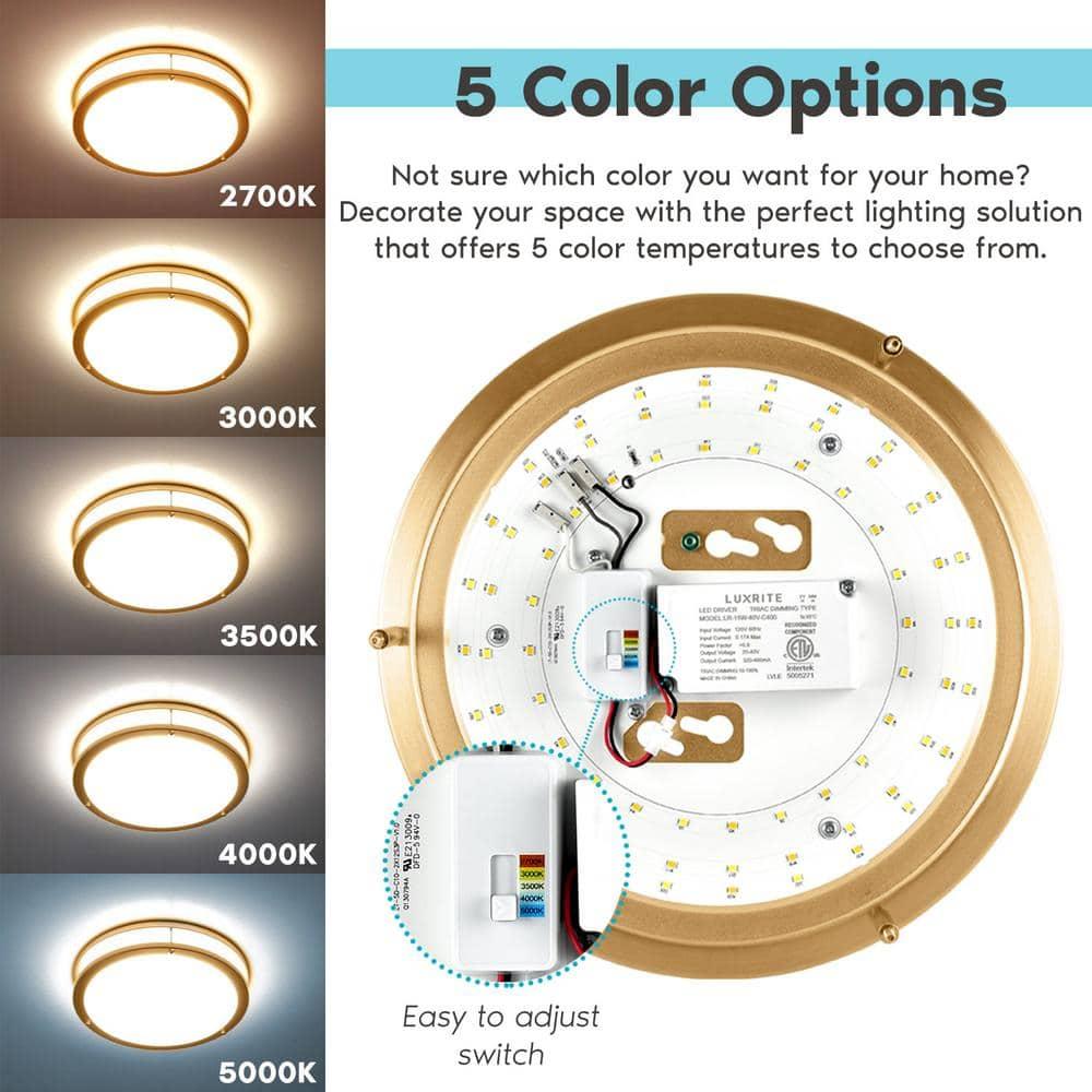 Luxrite 14 Inch LED Flush Mount Ceiling Light 5 Color Selectable Dimmable 18W 1440 Lumens ETL Listed Brushed Brass