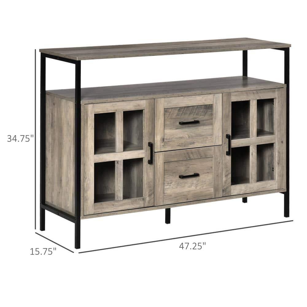HOMCOM Industrial Sideboard Buffet Cabinet, Kitchen Cabinet, Coffee Bar Cabinet with Adjustable Shelves, Glass Doors, and 2 Drawers for Living Room, Gray