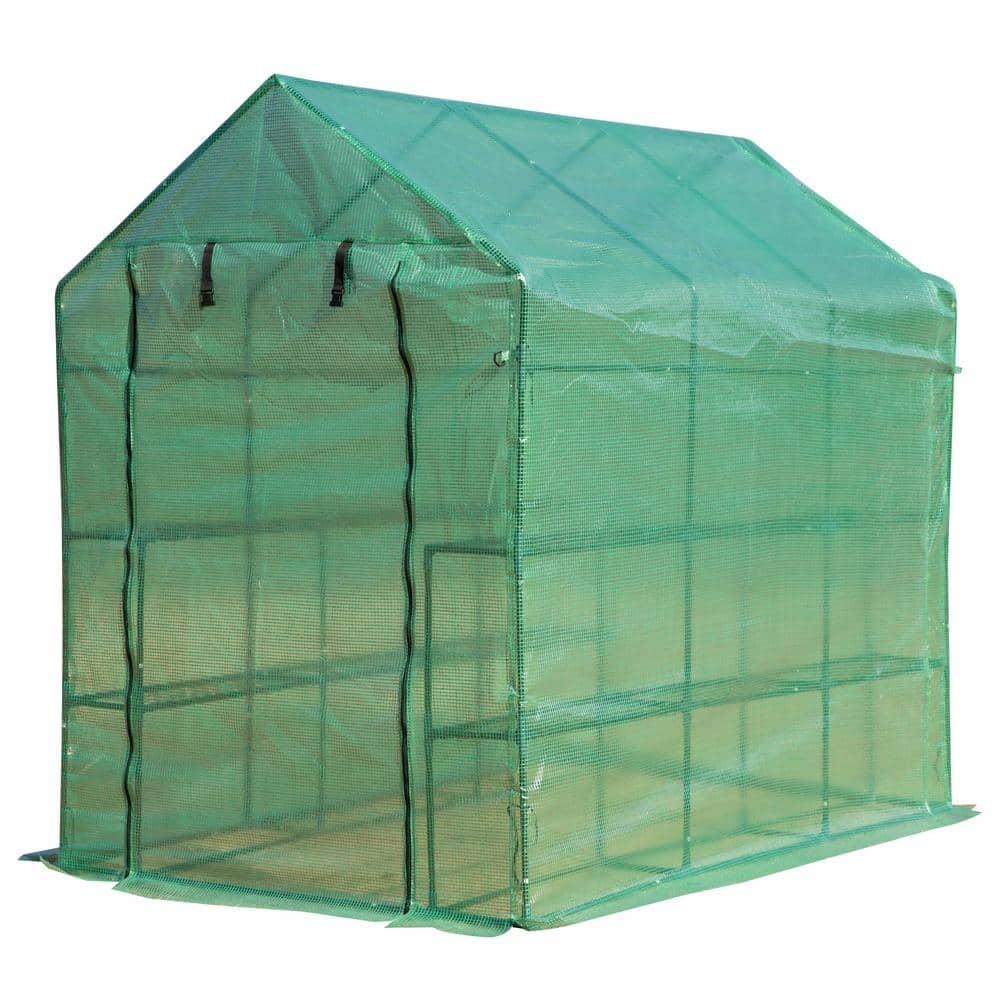 Outsunny 84.25" x 56.25" x 76.75" Walk-in Greenhouse, 2-Tier Shelves, Steel Frame Hot house, Roll-Up Zipper Door for Flowers, Vegetables, Green