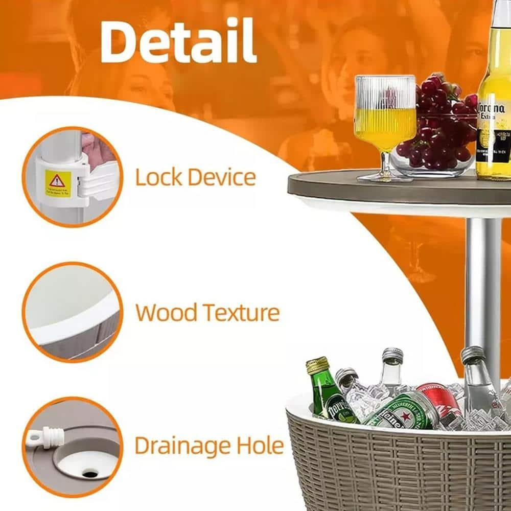 Topcobe 3 in 1 8 Gallon Patio Rattan Cooler Bar Table with Adjust Ice Bucket, Outdoor Patio Furniture for Balcony Garden Backyard -Brown