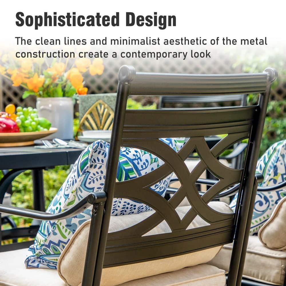 Summit Living 7-Piece Outdoor Patio Dining Set with 6 Swivel Cushioned Chairs & 1 Metal Steel Table, Black & Beige