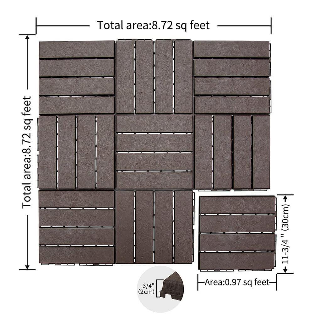 Patio Interlocking Deck Tiles, 12"X12" Square Composite Decking Tiles, Four Slat Plastic Outdoor Flooring Tile All Weather For Balcony Porch Backyard, (Dark Brown, Pack Of 44)