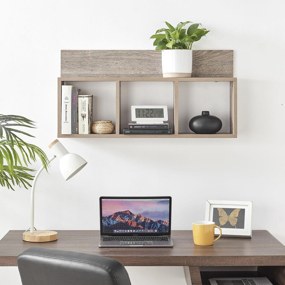 Danya B. 31.5" x 15.7" Modern 3 Cube Floating Wall Shelf with Display Ledge Weathered Oak: Laminated MDF, Iron Hardware