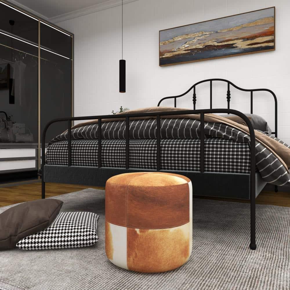 Olivia & May Wood and Leather Rustic Round Ottoman Brown: Contemporary Accent Stool, No Assembly Required