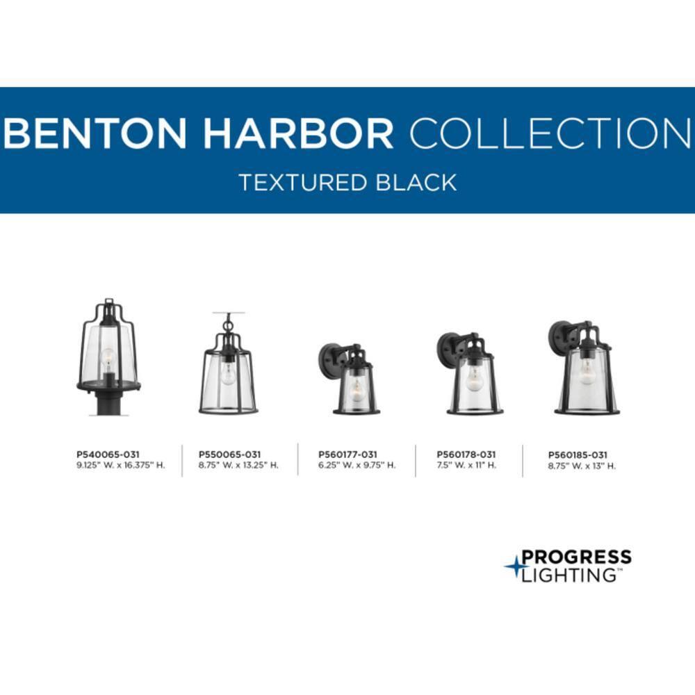 Progress Lighting Benton Harbor 1-Light Wall Lantern in Black with Clear Glass Shade