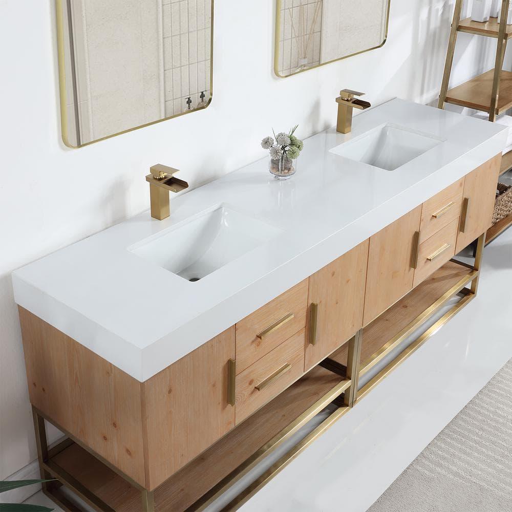 Bianco 84" Wood Vanity in Light Brown with  Composite Stone Top without Mirror