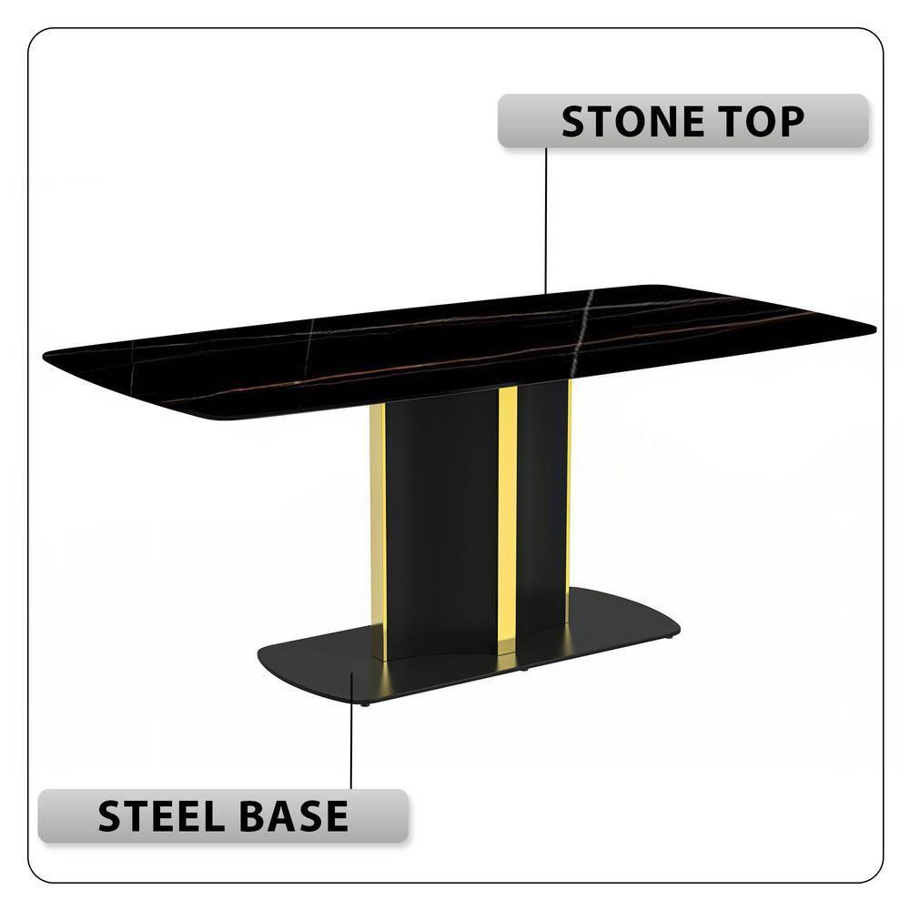 LeisureMod Sylva 62" Rectangular Dining Table Indoor Modern Kitchen Table with Sintered Stone Wide Top and Steel Pedestal Base in Black/Gold