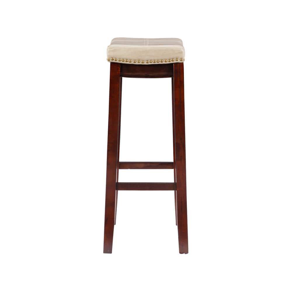 Linon Claridge Backless Faux Leather Nailhead Saddle Barstool Beige : Upholstered, Rubberwood Legs, Fixed Height