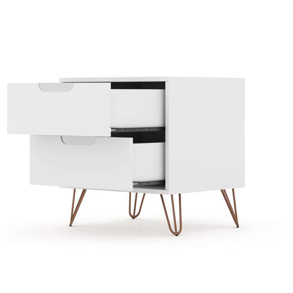 Set of 2 Rockefeller 2 Drawer Nightstands White - Manhattan Comfort: Modern Splayed Metal Legs, MDF