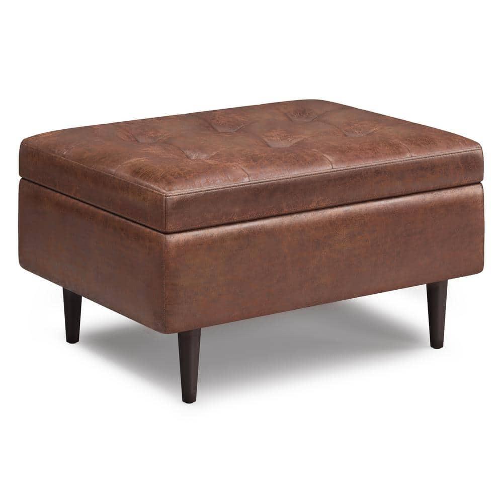 Simpli Home Shay 34"W Upholstered Coffee Table Storage Ottoman with Lift Top and Tufted Detailing