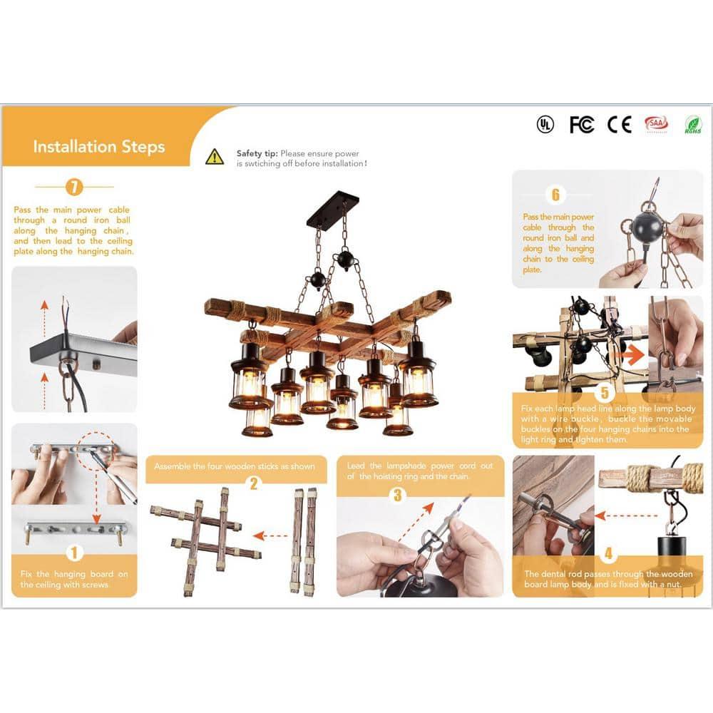 Rongfun 8-Light Rustic Country Chandelier Wood Pendant Lamp Industrial Ceiling Fixture