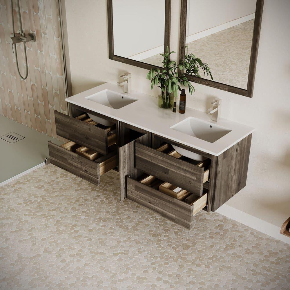 Fresca Formosa 60" Wall Mount Floating Double Sink Modern Bathroom Vanity with Top, Sinks and Mirrors - Faucets Not Included