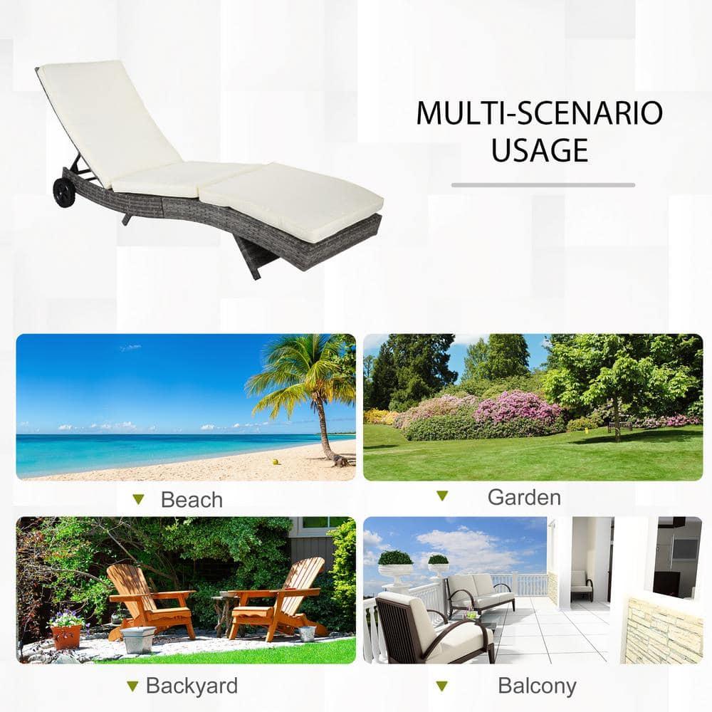 Outsunny Patio Wicker Chaise Lounge Chair, Outdoor PE Rattan Sun lounger w/ 5-Level Adjustable Backrest & 2 Wheels for Easy Movement, Off-white