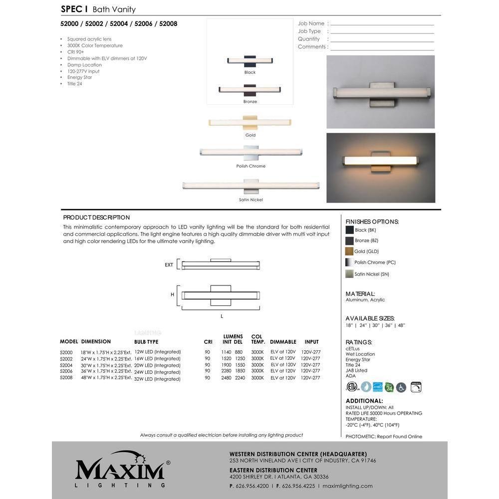 52008BK-Maxim Lighting-Spec-LED Bath Vanity Light-Minimalistic Contemporary Style-Black Finish-48 Inch Size