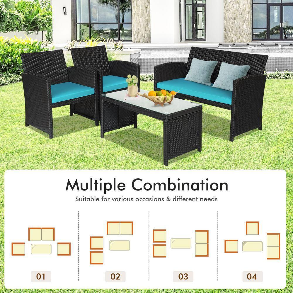 Resenkos 4 Pieces Patio Rattan Furniture Set, Outdoor Patio Furniture Set with Weather Resistant Cushions and Tempered Glass Tabletop-Turquoise