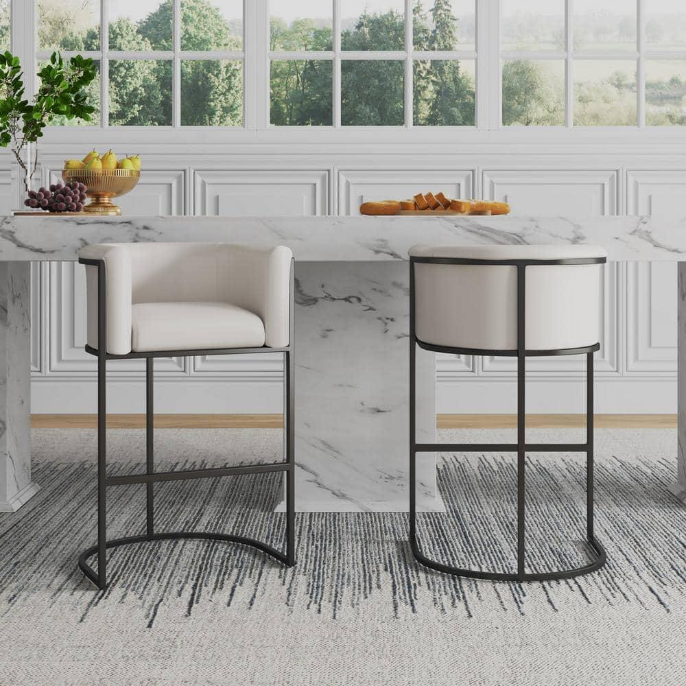 Cosmopolitan Upholstered Metal Barstool Cream - Manhattan Comfort: Midcentury Design, Faux Leather, No Assembly Required