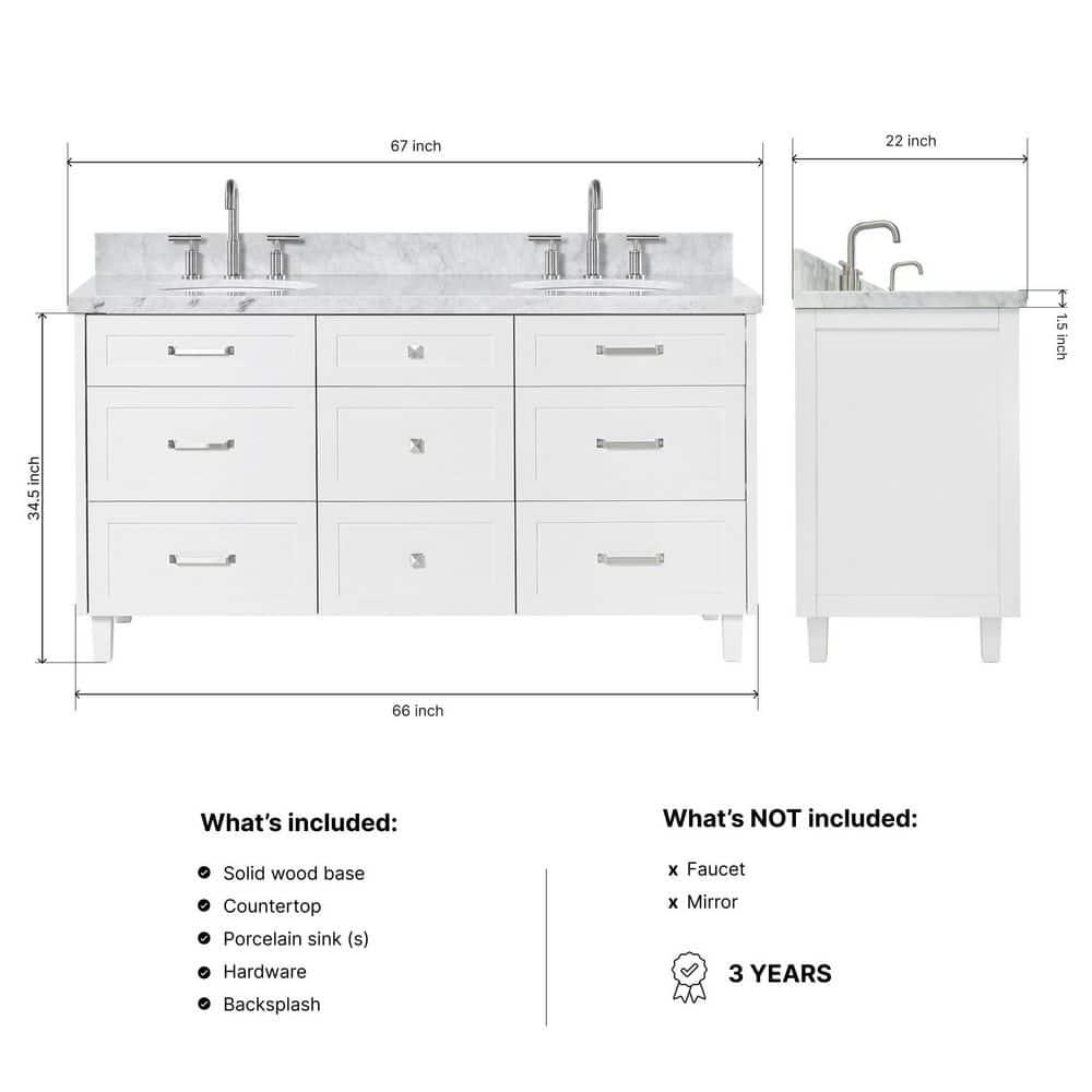 Ariel Monrow 67 Inch Double Oval Sink Bathroom Vanity With Italian Carrara Marble Countertop