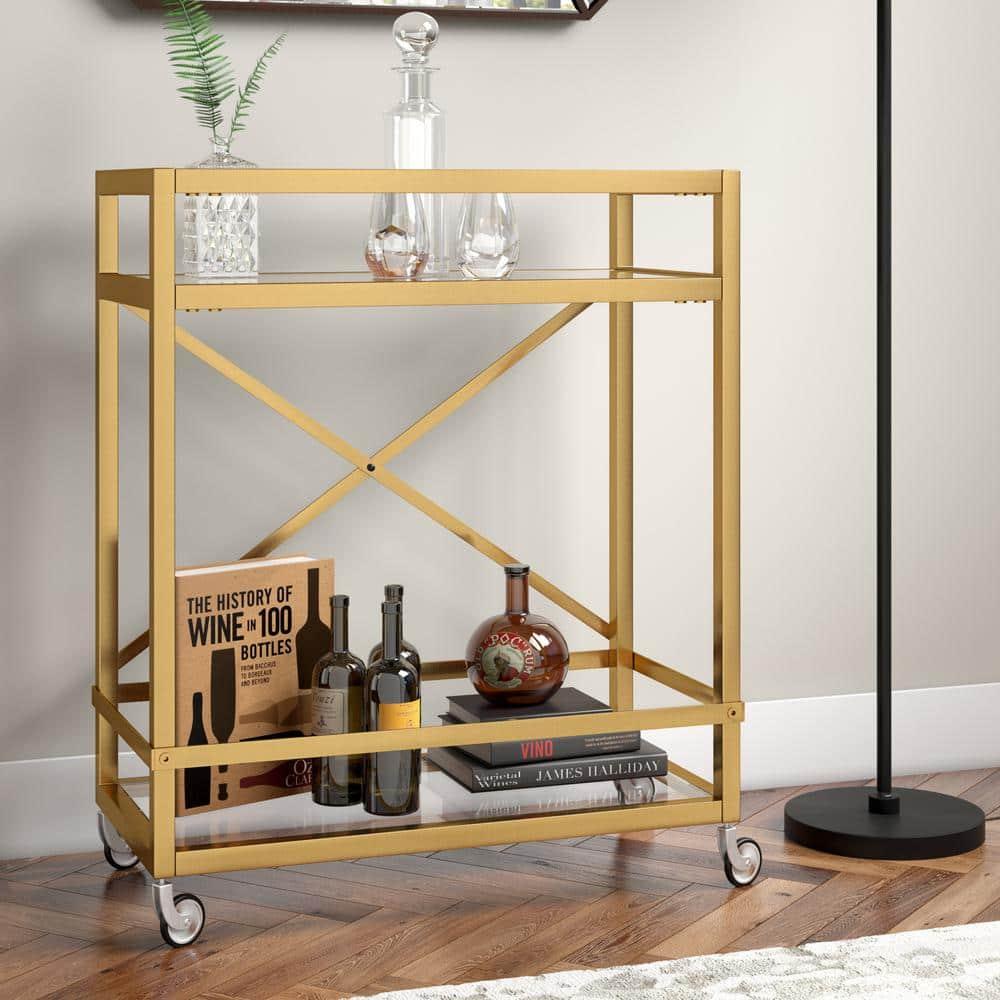 Maklaine Contemporary 36" X-Accent Metal Bar Cart in Brass Finish