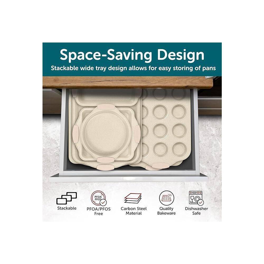 BAKKEN 6-Piece Deluxe Nonstick Baking Pan Set - Professional Grade Carbon Steel Bakeware with White Marble Coating & Silicone Handles