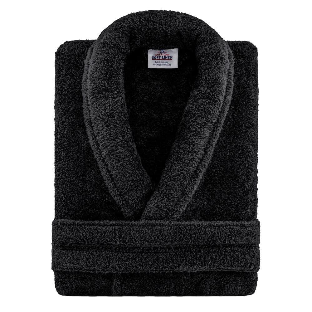 American Soft Linen Warm Fleece Bathrobe, Mens and Womens Robes, 1 Piece Shawl Collar  Adult Matching Couple Robes for your Bathroom, Small, Black