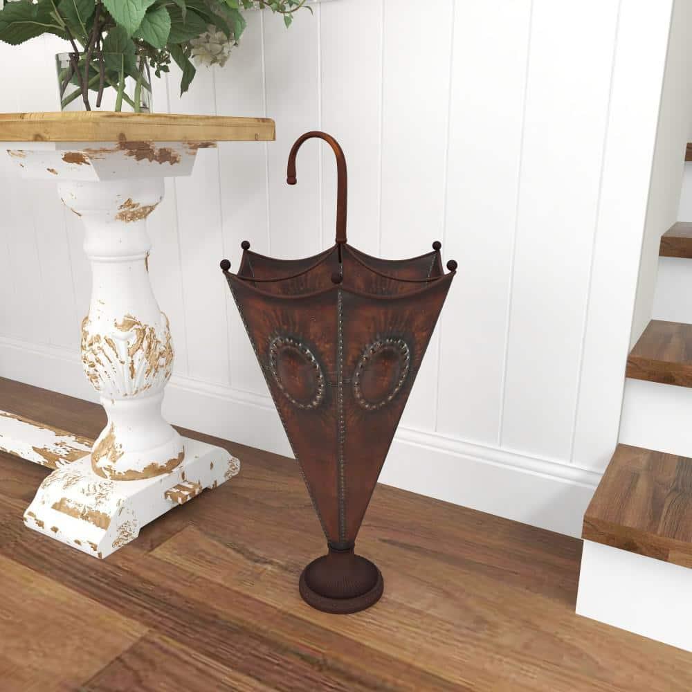 DecMode Brown Metal Umbrella Stand with Embossed Emblems