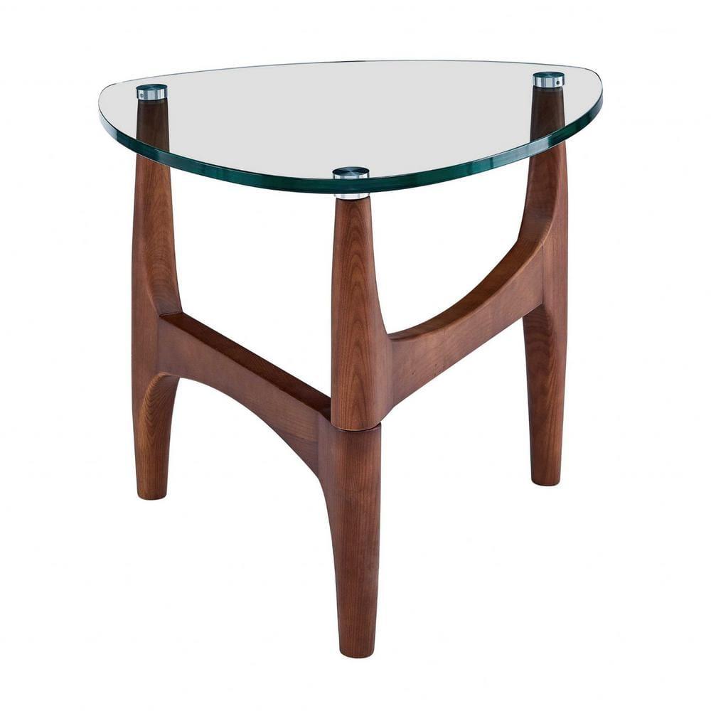 HomeRoots Clear Tempered Glass Side Table with Walnut Base, 23.63 x 23.63 x 19.69 in.