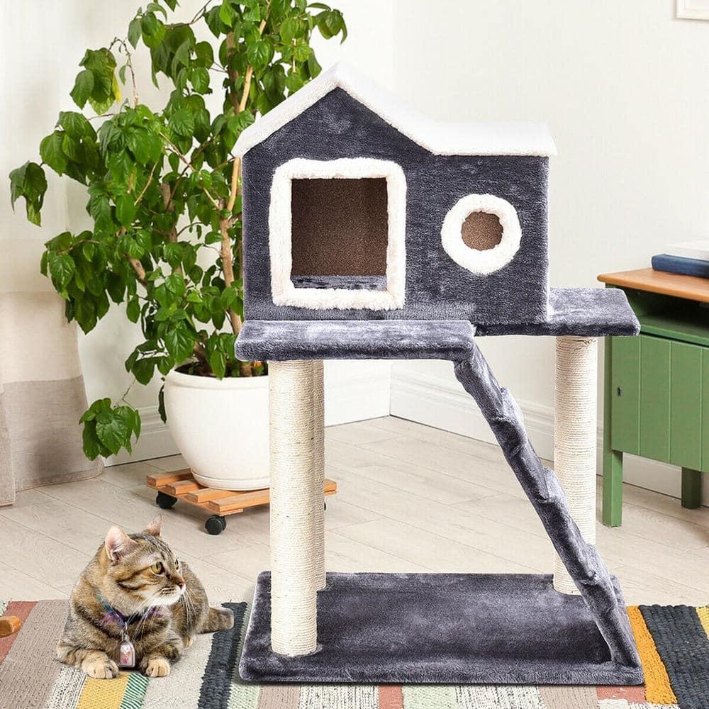Gymax 35'' Modern Cat Tree 3-level Cat Condo Furniture w/ Openable Roof Sisal Scratching Posts