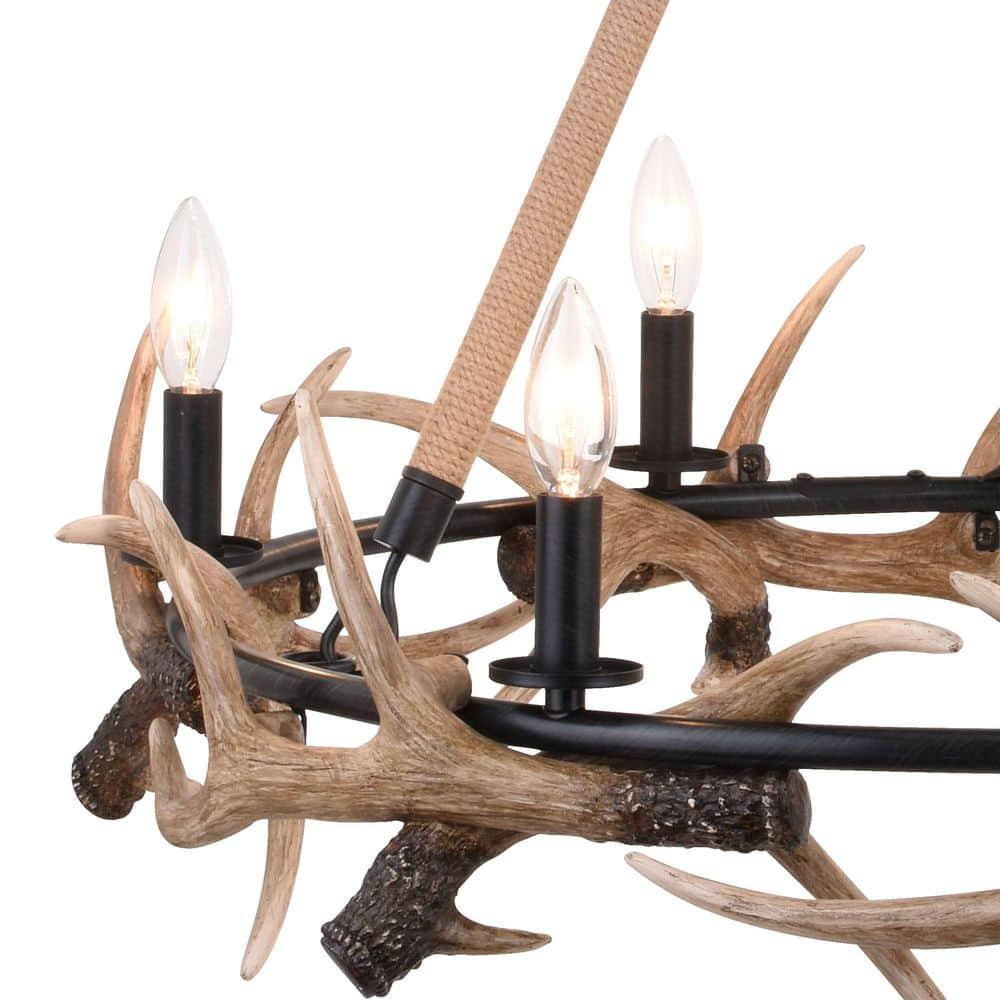 Vaxcel Breckenridge 6 Light Bronze Rustic Antler Chandelier Natural Rope Accent