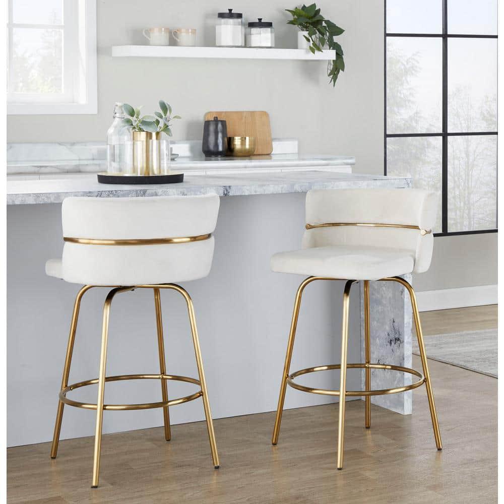 Set of 2 Cinch-Claire Counter Height Barstools Gold/Cream - LumiSource: Velvet Upholstery, Swivel, Metal Legs