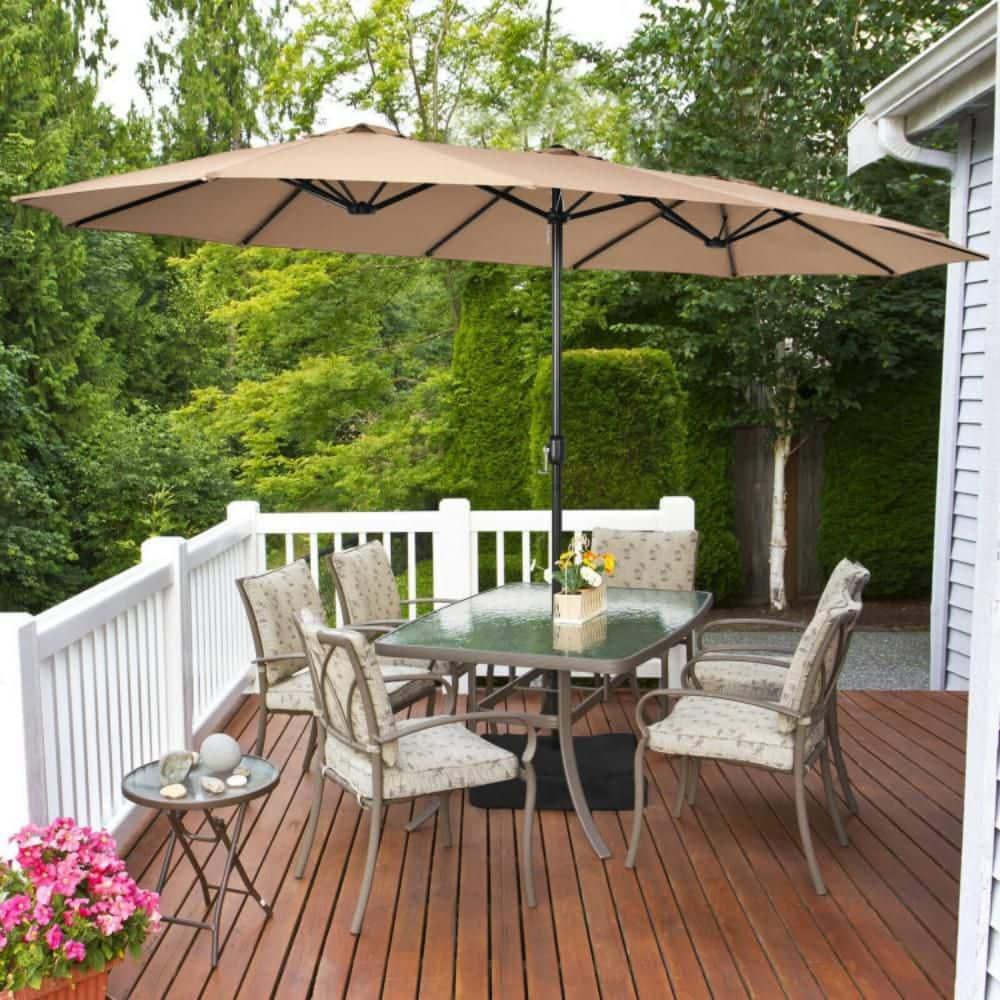 Costway 15FT Double-Sided Twin Patio Umbrella Outdoor Market W/ Crank & Base Coffee