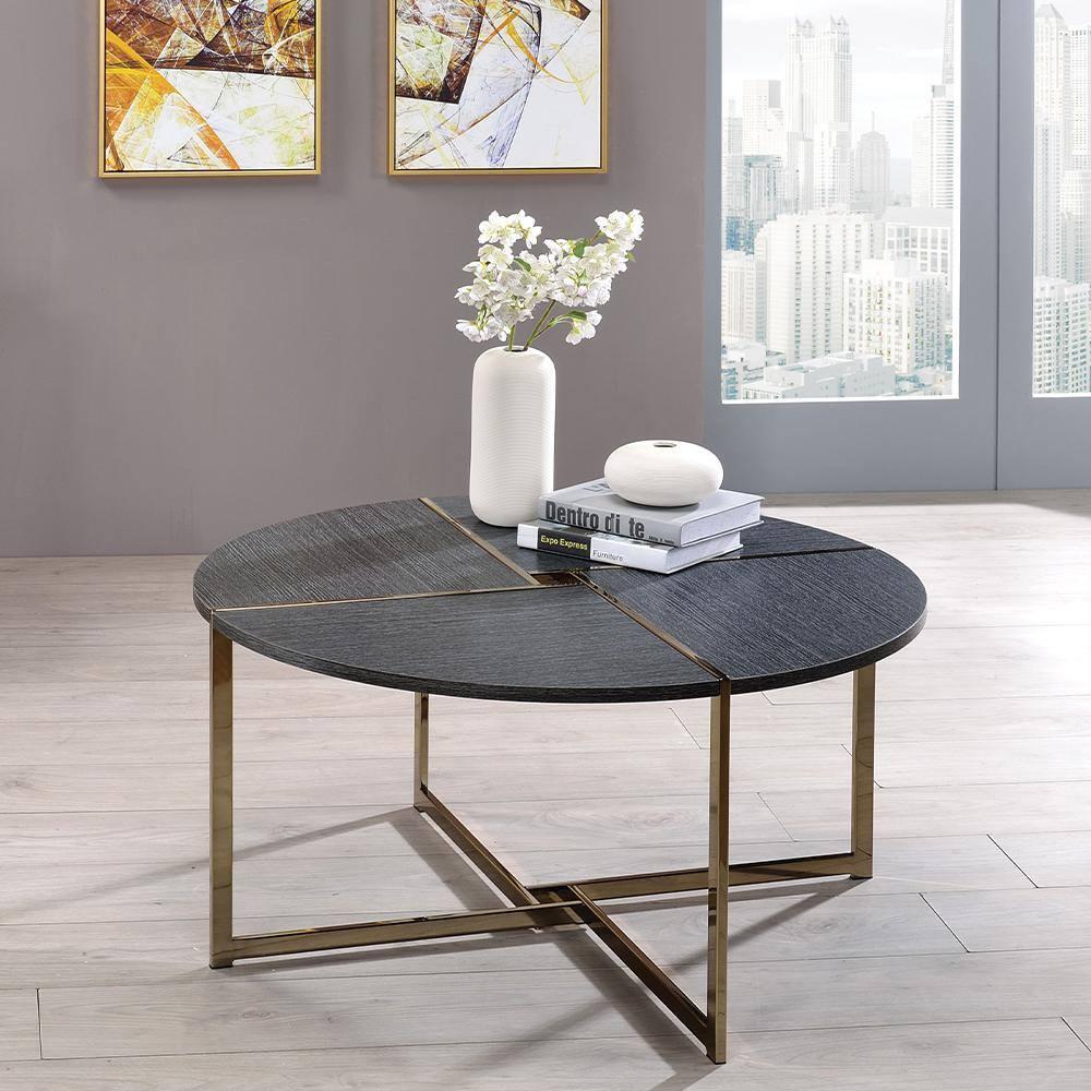 Bromia Coffee Table Black/Champagne - Acme Furniture: Elegant Round Design, Metal Frame, Paper Veneer Top