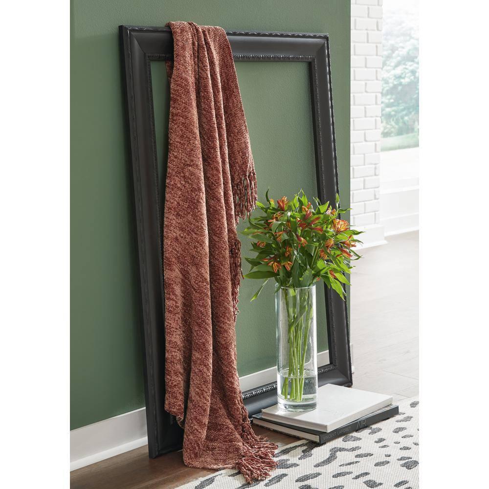 Tamish Rust Polyester Throw Blanket with Knotted Fringe